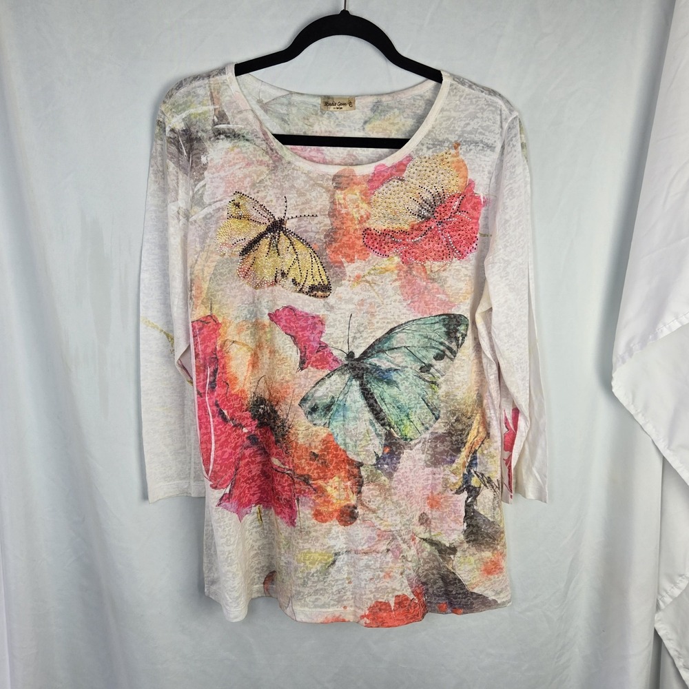Vintage 90s Y2K Studio Gem Burnout Shirt Womens XL Rhinestone Flower Butterfly